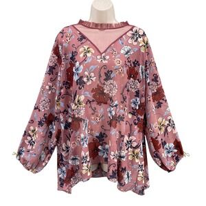 LOGO Lori Goldstein Woman Top Boho Feminine Floral Blouse Pocket Pink Size XXL